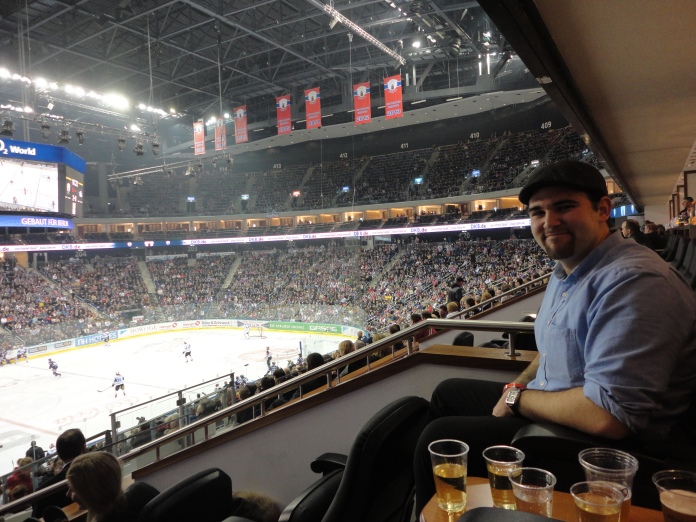 Watching the Berlin Eisbären play (and win) at O2 World in Berlin, Germany.
